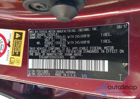 2017 Toyota Highlander Hybrid Xle z USA, uszkodzony, nr VIN 5TDJGRFH2HS034905